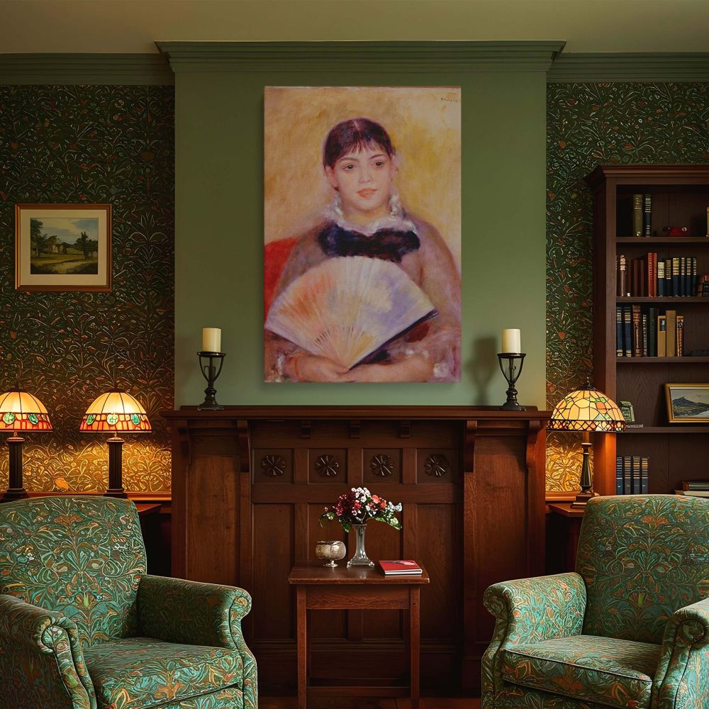 This soft impressionist canvas wall art by Pierre-Auguste Renoir captures a seated young girl holding a fan with pastel strokes in a delicate curve. Her peaceful expression and simple attire are painted with subtle light and color transitions, blending wi