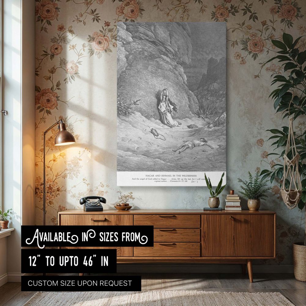 This wall canvas features Gustave Dore's depiction of Hagar grieving in the wilderness while Ishmael lies faint in the sand, capturing a moment of divine mercy and maternal despair in dramatic black and white engraving style that powerfully conveys the sp