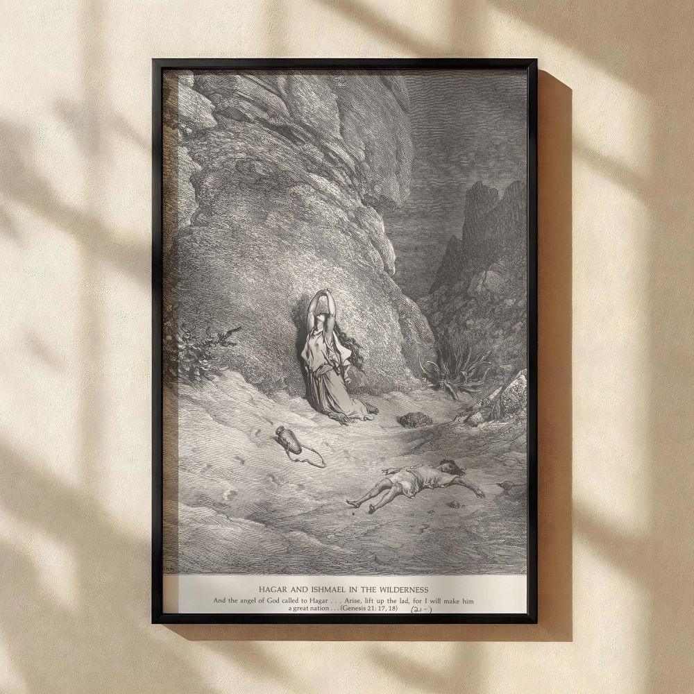 Gustave Dore's engraving of Hagar and Ishmael is brought to life in this wall canvas, illustrating the moment God promises Hagar that Ishmael will survive, as she weeps alone in the desert-an emotionally rich and theologically profound image rendered in d