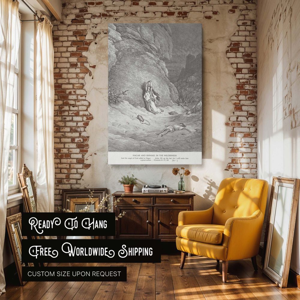 This wall canvas print portrays the powerful biblical story from Genesis 21:17,18, where Hagar and Ishmael face death in the wilderness before divine promise brings hope, captured in dramatic black and white by Gustave Dore's signature engraving technique