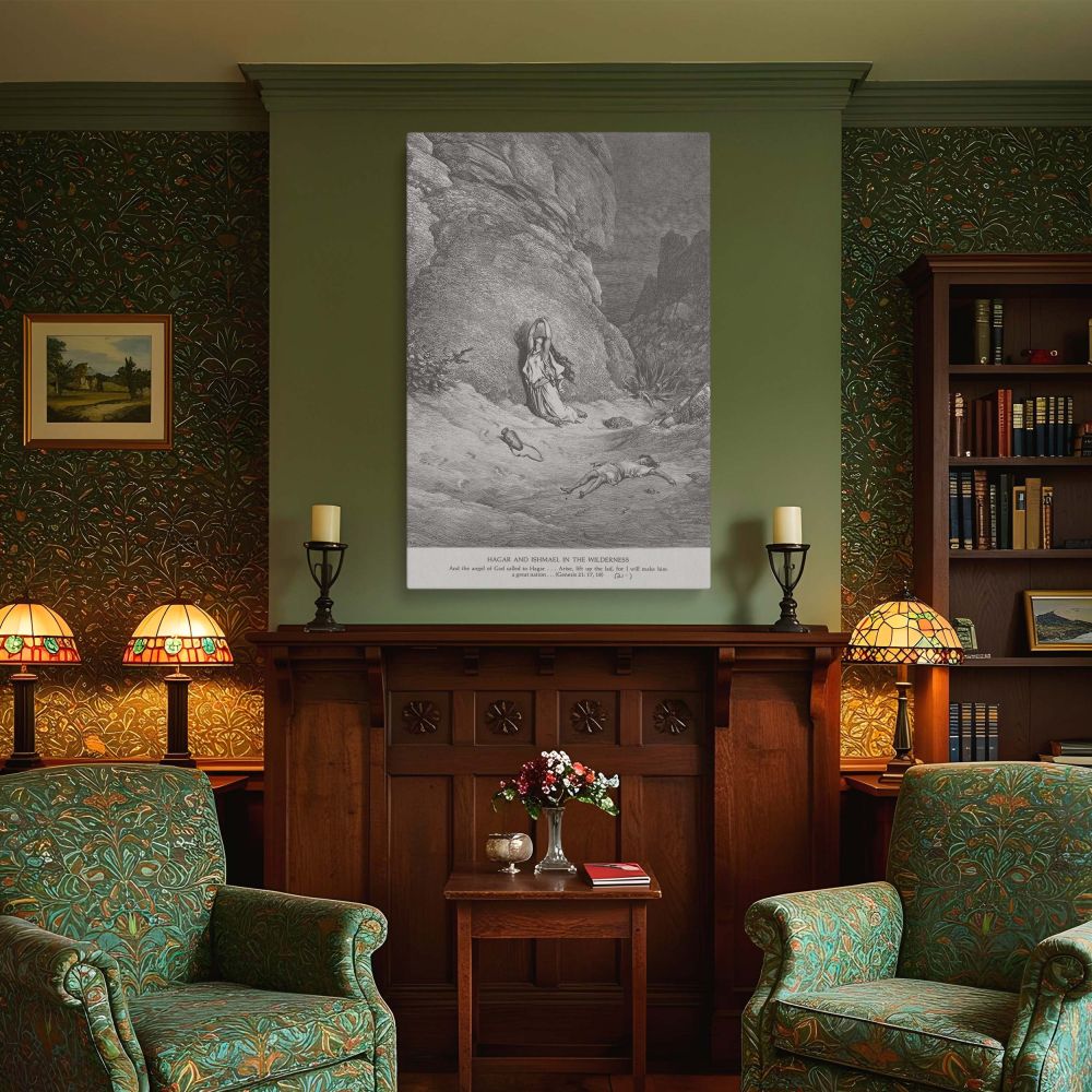 Dore's Hagar and Ishmael in the Wilderness is shown here in wall canvas form, with Hagar collapsed in sorrow and Ishmael motionless nearby, a stark yet hopeful biblical image that speaks of God's intervention and is ideal for religious and spiritual home 