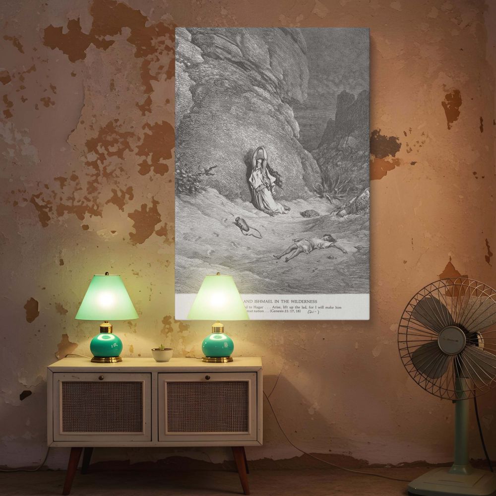 This black and white wall canvas brings Gustave Dore's Old Testament engraving to life, highlighting the emotional pain of Hagar and her son Ishmael in the wilderness as they face despair and receive divine reassurance from Genesis 21:17-18.