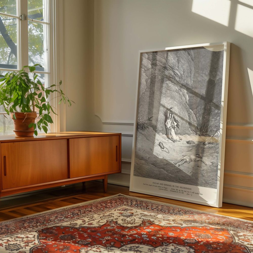 This wall canvas art captures a pivotal moment in Genesis where Hagar believes her son is lost, only to be comforted by God's promise, rendered through Gustave Dore's masterful illustration technique in a print filled with raw emotion and scriptural beaut