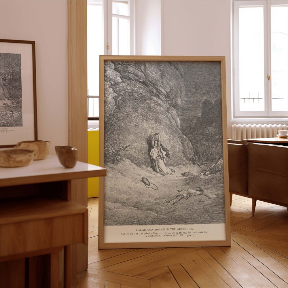 Featuring the despairing figure of Hagar and her weakened son in the background, this Gustave Dore wall canvas powerfully communicates divine hope, isolation, and human emotion as told in the dramatic wilderness narrative of Genesis 21:17,18.