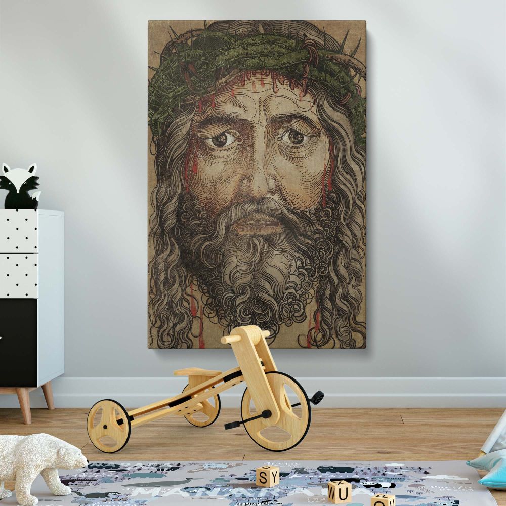 Albrecht DUrer's Head of Jesus Christ, a museum-quality framed canvas print showcasing Christ's sorrowful expression and detailed brushwork, an inspiring religious wall decor piece for prayer rooms, chapels, or theological study spaces.
