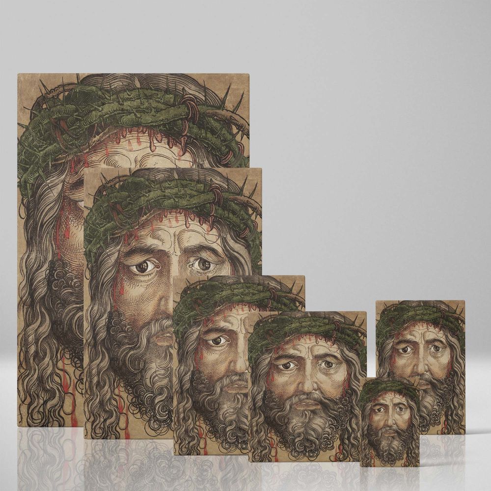 Head of Jesus Christ framed Christian wall art, a high-quality reproduction of Albrecht DUrer's 1928 masterpiece, featuring Christ's suffering and devotion, a meaningful spiritual artwork perfect for home, chapel, or biblical study decor.
