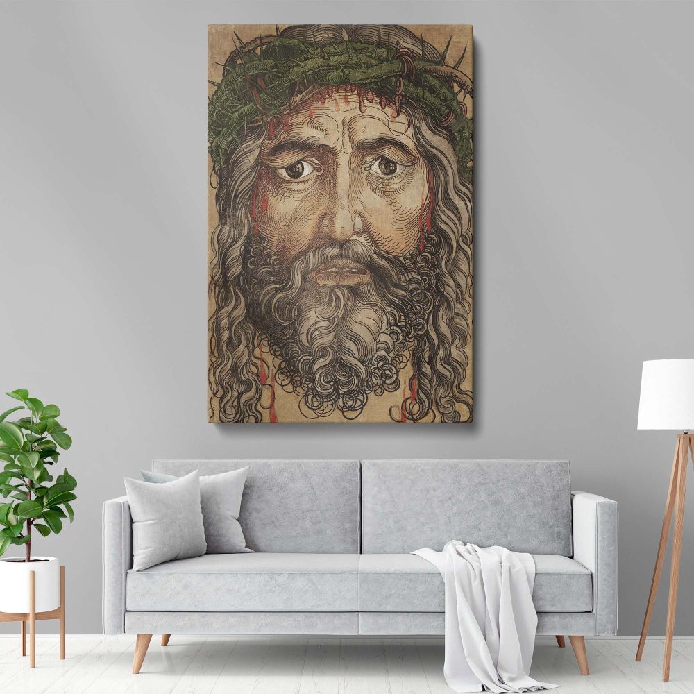 High-quality framed canvas print of Head of Jesus Christ, a striking religious painting by Albrecht DUrer, highlighting Christ's pain and sacrifice, a perfect piece of Christian wall art for sacred home interiors, church offices, or meditation spaces.