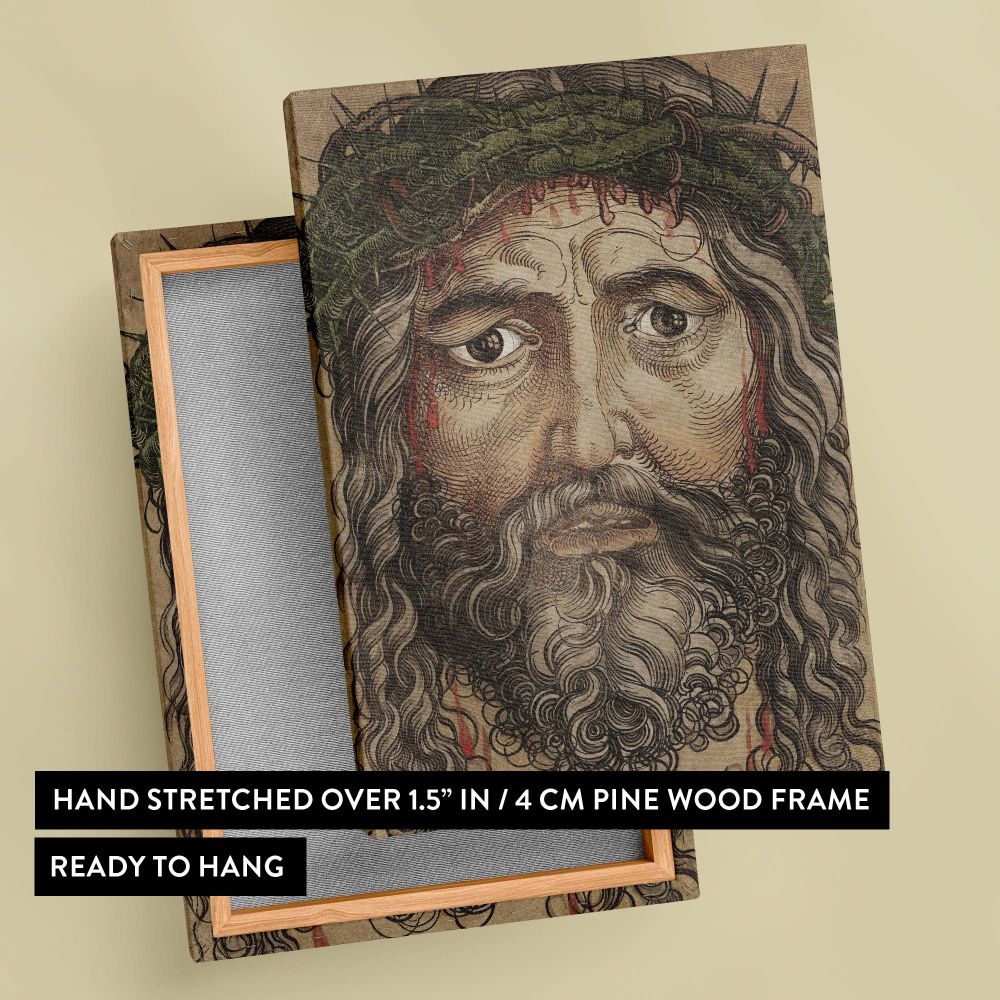 Devotional framed canvas print of Head of Jesus Christ by Albrecht DUrer, a timeless religious artwork featuring Christ's suffering with delicate artistic detailing, a meaningful Christian masterpiece for prayer rooms, chapels, or theological studies.