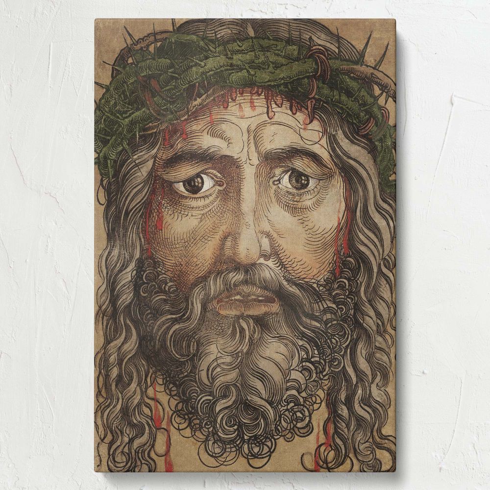 Museum-quality framed canvas print of Albrecht DUrer's Head of Jesus Christ, an expressive biblical masterpiece capturing the sorrow of Christ, a sacred Christian artwork ideal for home, church, religious offices, or spiritual study rooms.