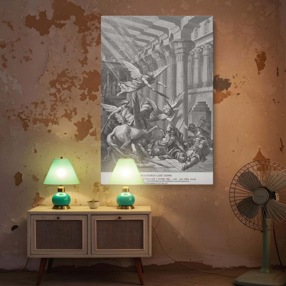This striking wall canvas presents Dore's interpretation of Heliodorus being struck down for attempting to plunder a sacred temple. In the artwork, angels clad in brilliance descend, one riding a rearing winged horse while others fly forward with rods of 