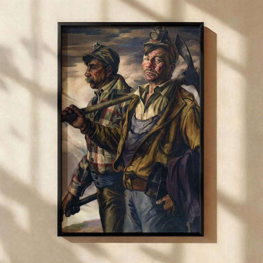 Powerful portrait-style canvas print of Homeward by Frank Cohen Kirk showing two working men in a moment of post-labor resolve. Both figures carry mining tools and wear rugged clothing, including a striped flannel, leather jacket, and miner's helmet. The 