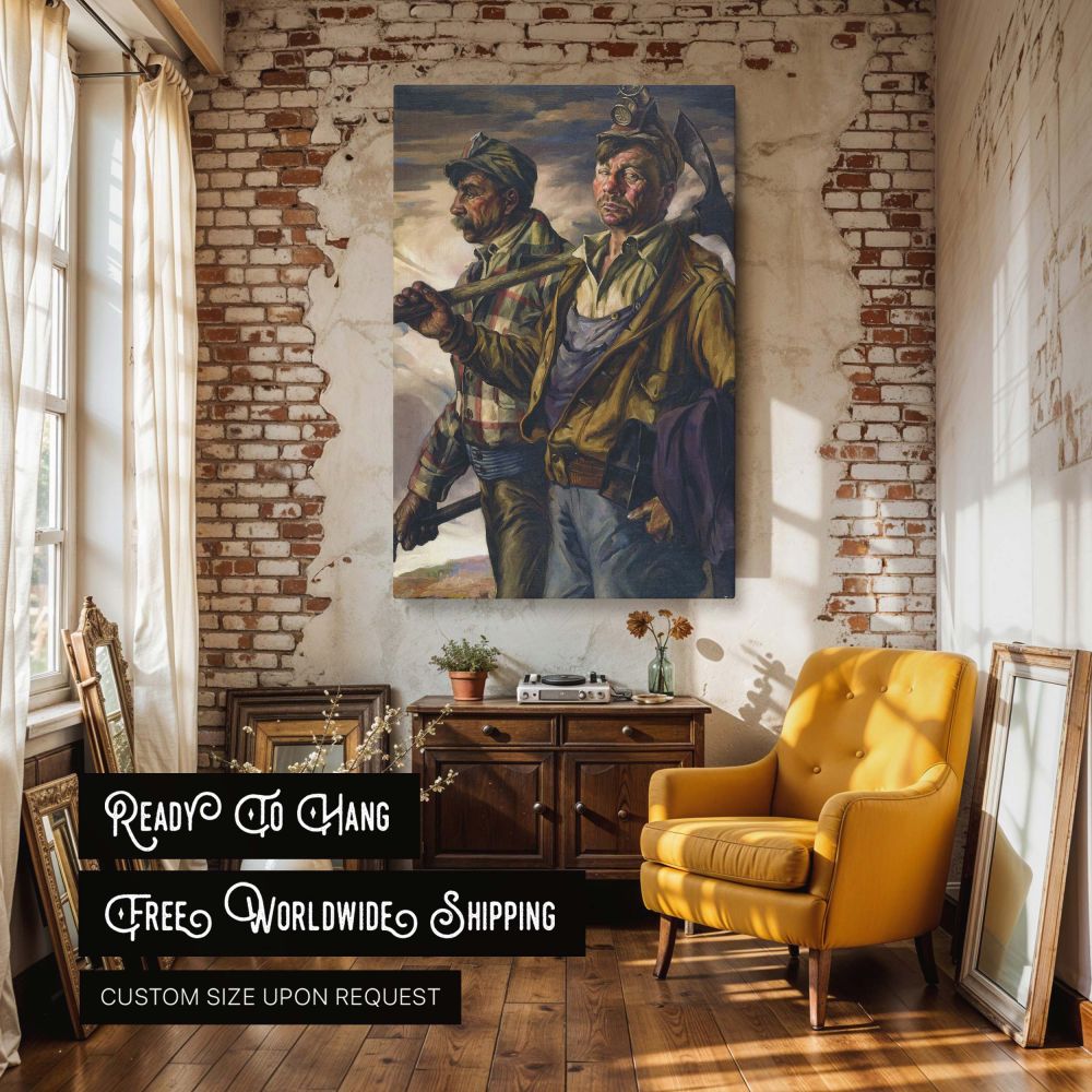 Canvas wall art reproduction of Frank Cohen Kirk's Homeward, portraying two coal miners on their journey home, bathed in warm, earthy light with a stormy sky behind them. Their faces are weathered and serious, their bodies strong and grounded. One wears a