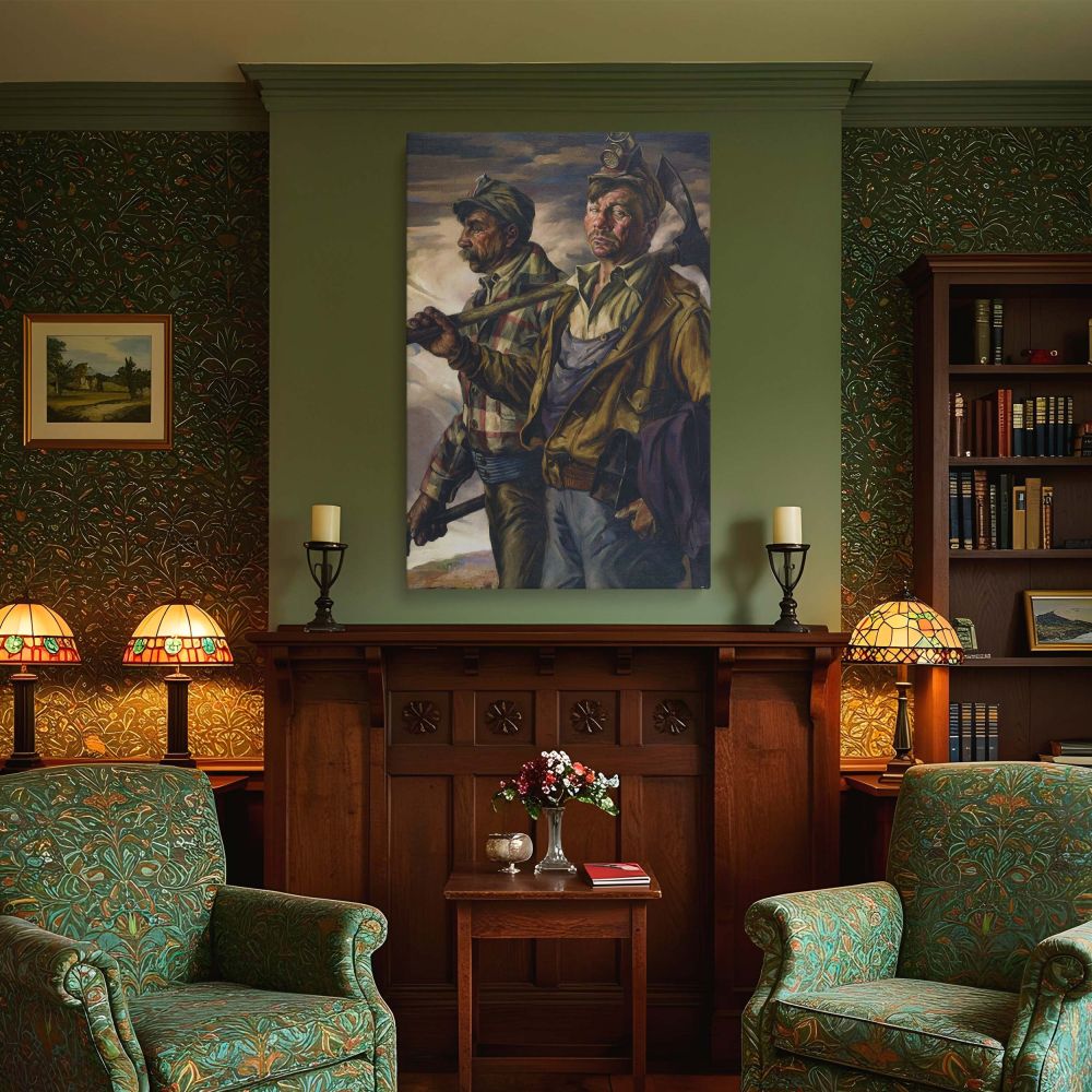 Striking wall canvas of Homeward by Frank Cohen Kirk featuring two miners standing side by side, each gripping tools and wearing worn work clothes. The painting's bold brushstrokes and dramatic lighting elevate the ordinary into something monumental. With