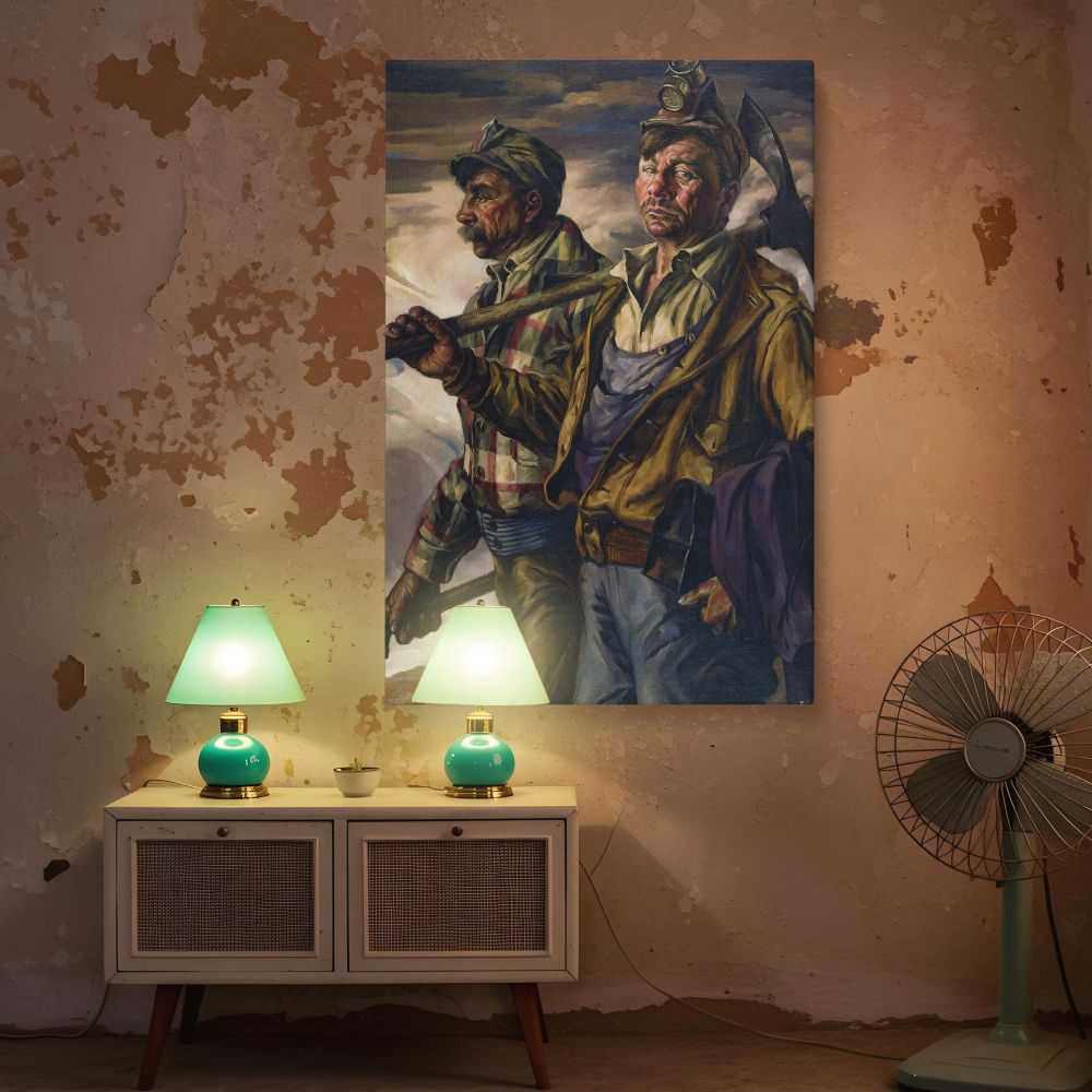 Canvas print of Homeward by Frank Cohen Kirk capturing two rugged miners after a day's work. The man in front gazes directly ahead while the other looks toward the horizon. Both figures are painted with detailed expressions, work attire, and powerful post