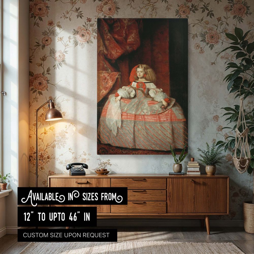 Canvas wall art of Infanta Margarita Teresa in a Peach Dress by Diego Velazquez showing the young Spanish princess in a regal gown with lace and ribbons, perfect for baroque portrait lovers and vintage royal decor themes that honor European aristocracy.