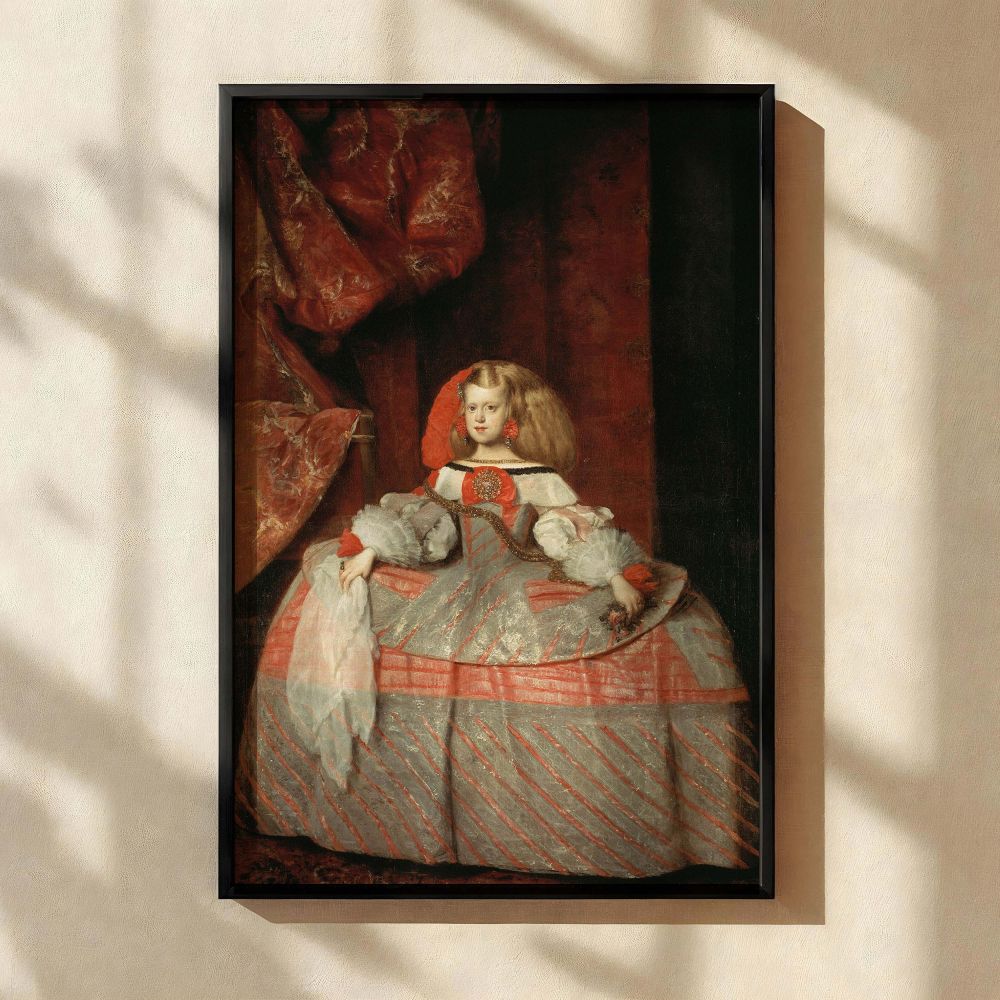 Diego Velazquez's iconic baroque painting Infanta Margarita Teresa in a Peach Dress transformed into canvas wall art, ideal for traditional spaces seeking regal decor inspired by historical Spanish royalty and classical fine art mastery.