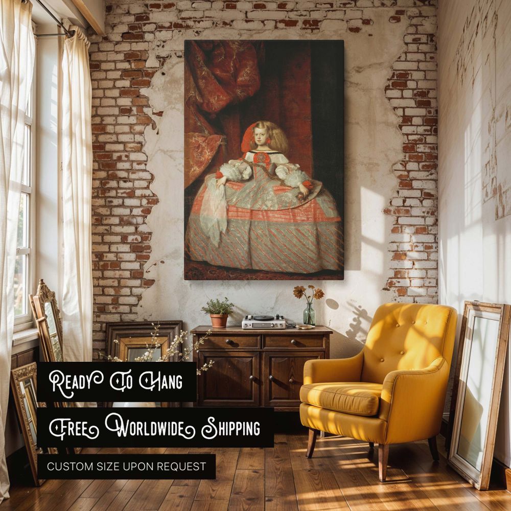 A stunning canvas wall art reproduction of Infanta Margarita Teresa in a Peach Dress by Diego Velazquez featuring intricate detailing in fabric and royal accessories, making it a perfect classical decor element for vintage and noble portrait-themed interi