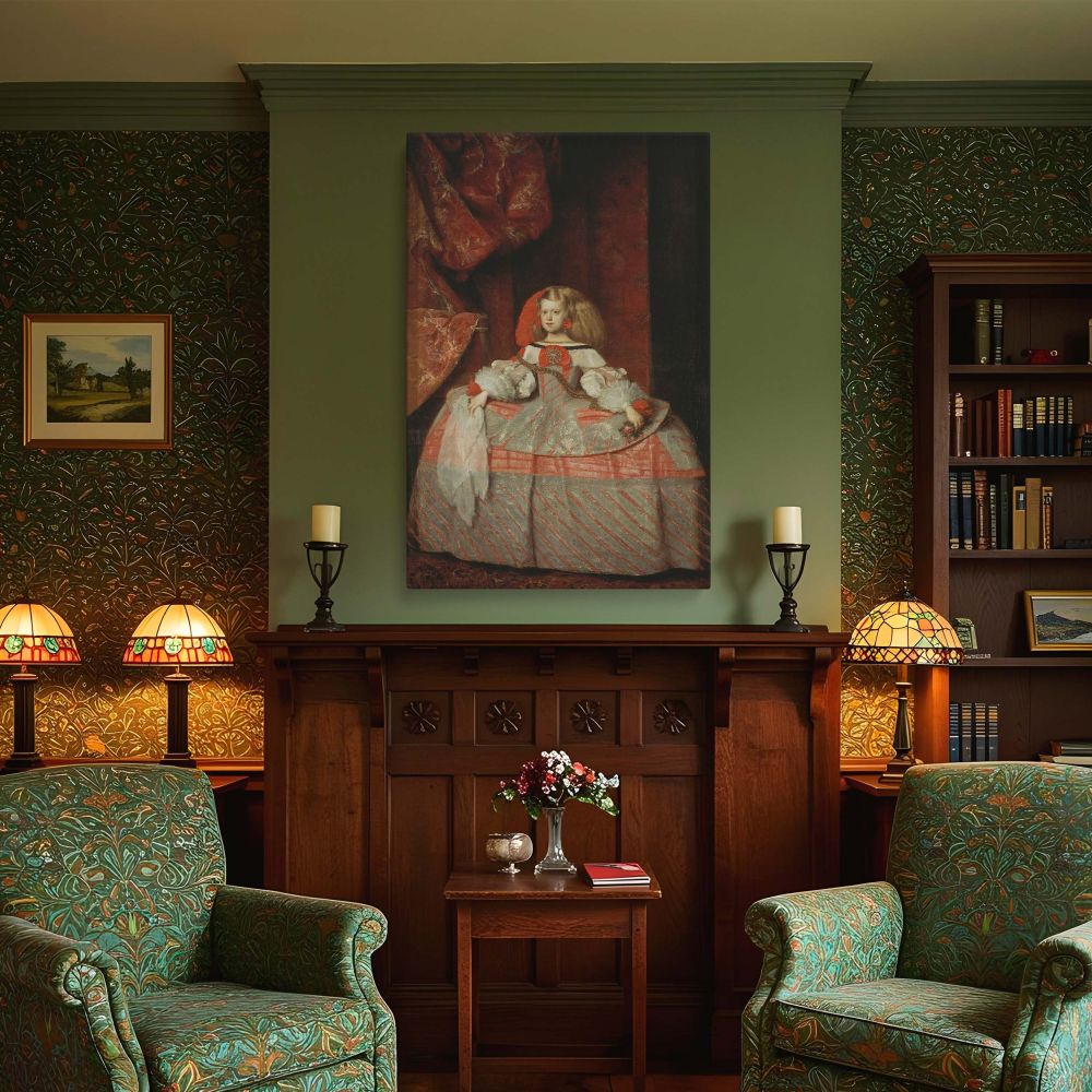 Regal and refined, this canvas wall art of Infanta Margarita Teresa in a Peach Dress by Velazquez is a visual centerpiece for elegant spaces and collectors of Spanish baroque portraiture and royal decor.
