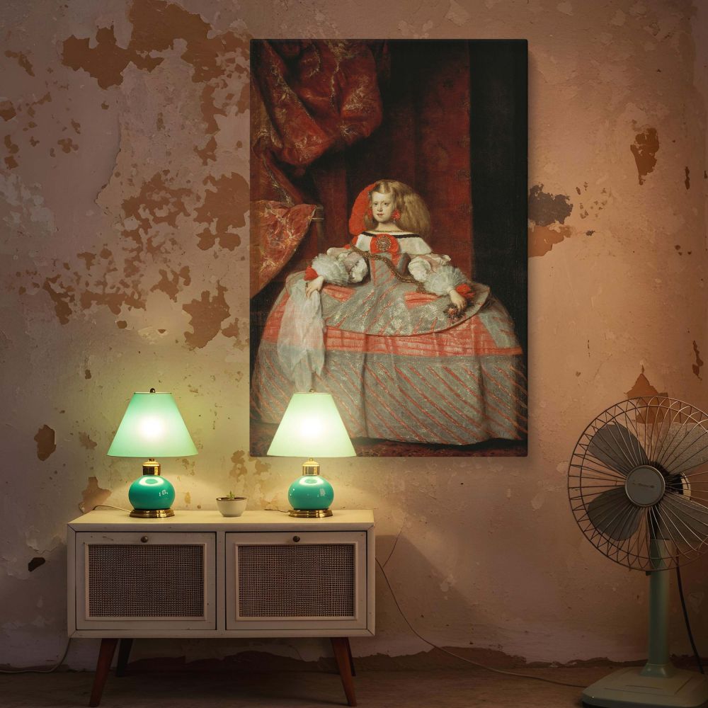 Featuring a noble young princess in formal attire, this Infanta Margarita Teresa in a Peach Dress canvas wall art by Velazquez adds historical charm and royal ambiance to any room decor seeking vintage elegance and artistic heritage.