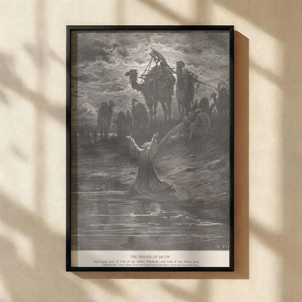 In this wall canvas, Jacob is depicted alone near the river as he lifts his arms in heartfelt prayer, seeking protection before meeting his brother, while Dore's engraving style uses contrast and composition to evoke the emotional weight of biblical suppl