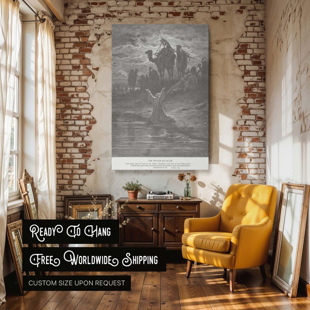 Gustave Dore's engraving reproduced on this wall canvas shows Jacob praying beside the river under a dramatic sky, surrounded by shadows of his caravan, highlighting a sacred moment of divine petition rendered in richly textured black and white.