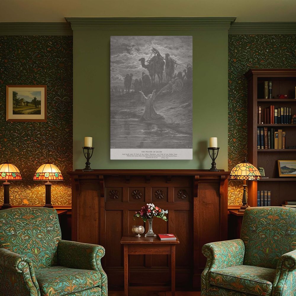 This wall canvas captures Jacob in a deeply spiritual act, kneeling near the water with his hands raised in prayer, while others rest in the distance, illustrating a powerful act of trust and humility during a pivotal moment in scripture as rendered by Do