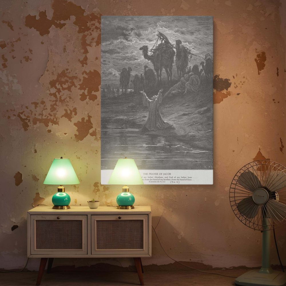 Featuring Jacob praying before his reunion with Esau, this wall canvas captures the solemnity and emotional tension of the moment, showing a man caught between fear and faith as interpreted by Gustave Dore in timeless engraved detail.