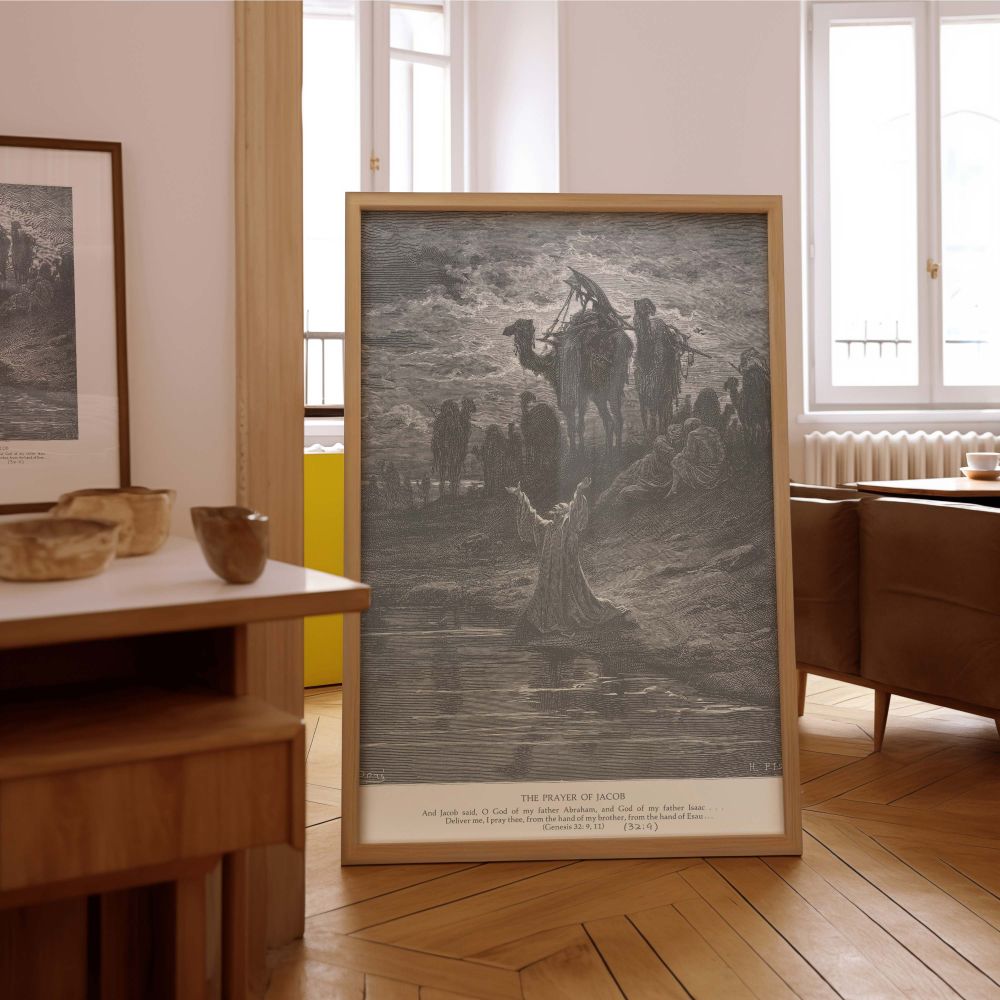 Dore's powerful depiction of Jacob's prayer is reproduced on this wall canvas, showing a man bowed in submission under a dramatic sky while shadows gather behind, emphasizing spiritual dependence and quiet desperation in sacred visual form.