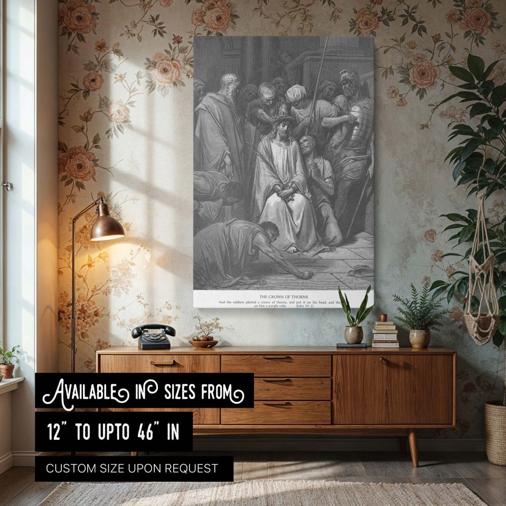 Canvas wall art depicting Jesus Is Crowned with Thorns by Gustave Dore, showing Christ seated in silence as Roman soldiers press the crown onto his head, surrounded by onlookers in an intense biblical scene that evokes emotion and faith with detailed blac