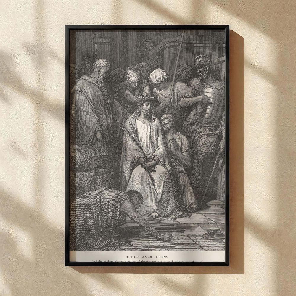 Powerful canvas wall art portraying the moment Christ is mocked and crowned with thorns, as envisioned by Gustave Dore in his iconic engraving, ideal for Christian decor and sacred interiors that honor biblical storytelling through timeless visual reveren