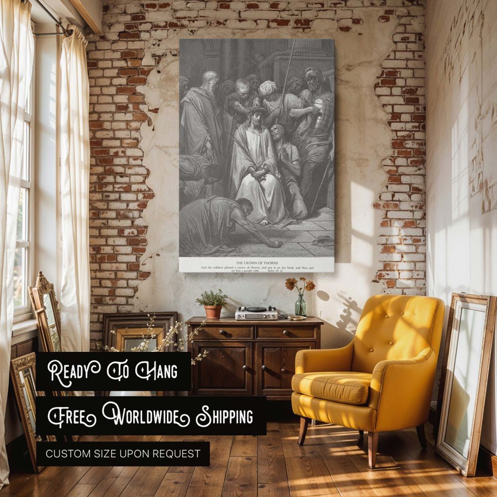 Gustave Dore's biblical scene of Jesus crowned with thorns presented as a striking canvas wall art piece, rich in detail and dramatic contrast, perfect for church walls, faith-based homes, or anyone seeking powerful Christian symbolism in artistic form.