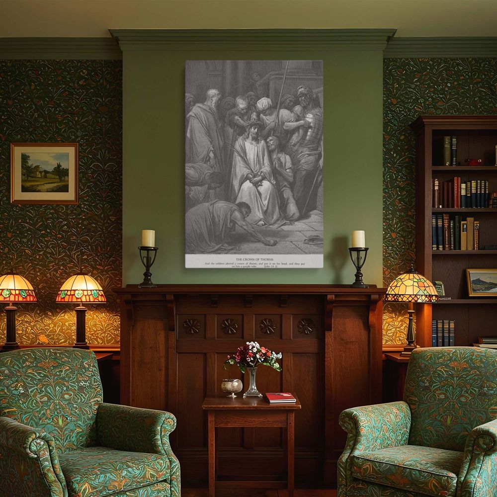 Emotional and dramatic canvas wall art featuring Jesus during the crown of thorns episode, captured by Gustave Dore with intricate detailing and expressive figures, making it an essential visual for meditation and spiritual home decor.
