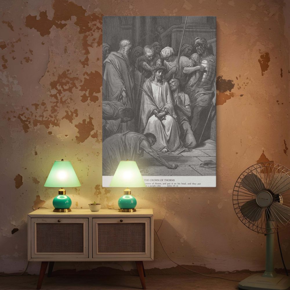 Canvas wall art reproduction of Jesus being crowned with thorns, a poignant moment from the Passion of Christ illustrated by Gustave Dore, emphasizing sorrow, sacrifice, and spiritual dignity in classic black and white composition.
