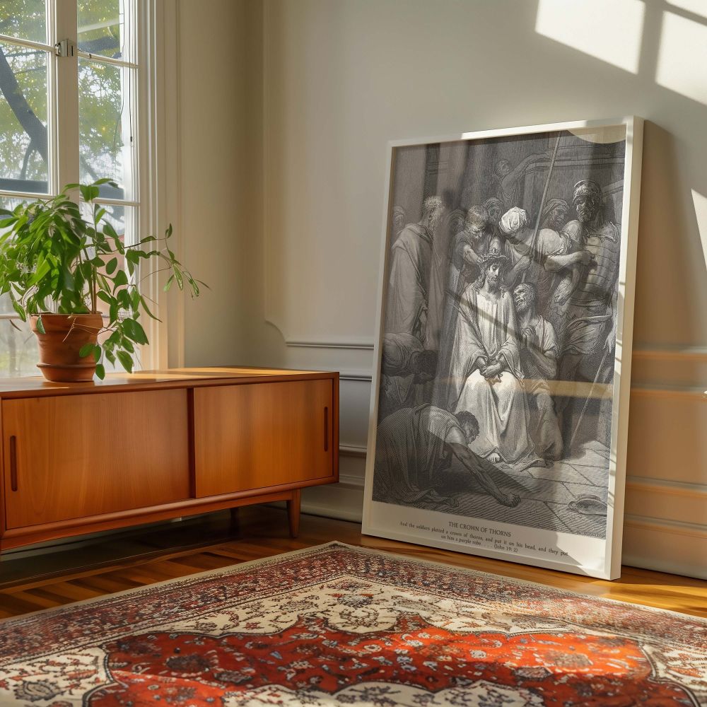 Black and white canvas wall art of Jesus Christ seated while being mocked and crowned by Roman soldiers, as depicted by Gustave Dore, offers a sacred visual narrative of faith and endurance that speaks deeply to Christian beliefs and devotion.