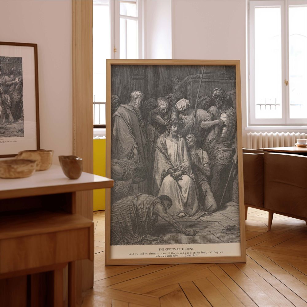 Religious canvas wall art showcasing Gustave Dore's illustration of Christ being humiliated with a crown of thorns, surrounded by hostile figures, a moment from the Gospels rendered with haunting realism and spiritual solemnity.