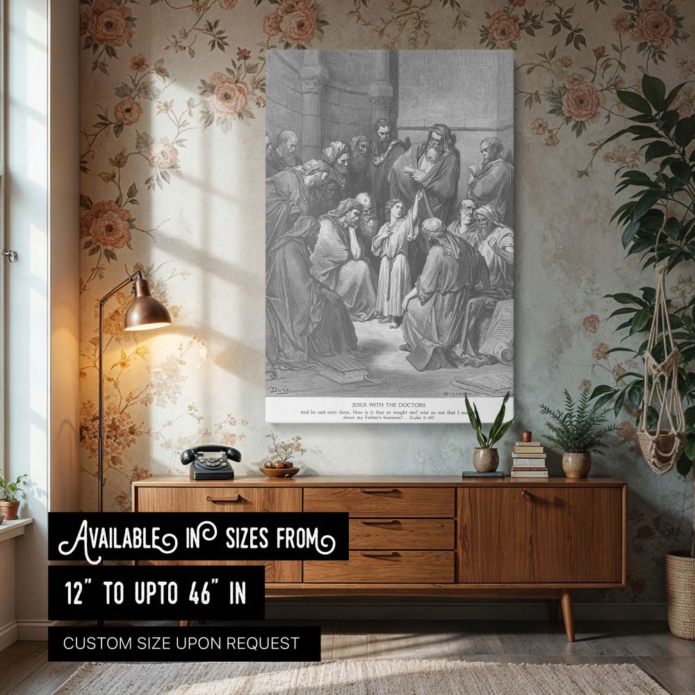 Canvas wall art of Jesus Questions the Doctors by Gustave Dore shows the young Jesus standing barefoot in the temple, addressing a crowd of amazed teachers with divine confidence, making this a powerful and thoughtful piece for faith-centered homes or rel