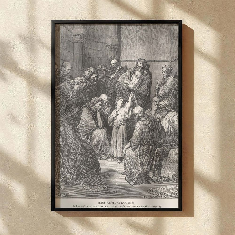 This canvas wall art reproduction of Gustave Dore's biblical engraving depicts Jesus among the elders in the temple, astonishing them with wisdom beyond his years, presented in classic linework ideal for Christian decor and scripture-focused rooms.