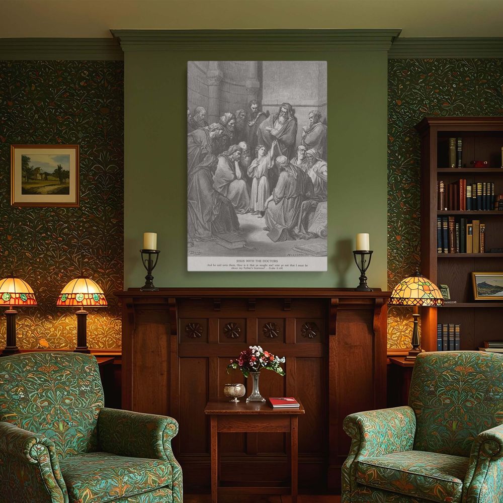 A masterful biblical canvas wall art piece featuring Jesus at age twelve, surrounded by temple doctors, as illustrated by Gustave Dore, representing sacred knowledge and early prophecy, perfect for church study rooms or devotional spaces.