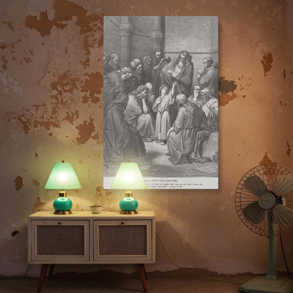 Canvas wall art featuring Jesus among the elders in the temple, speaking with conviction while surrounded by astonished scholars, a Gustave Dore engraving brought to life for Christian homes seeking meaningful and scriptural decor.