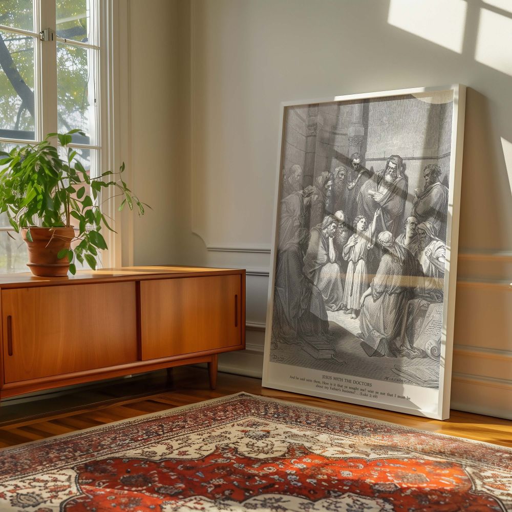In this sacred canvas wall art of Jesus Questions the Doctors by Gustave Dore, the moment of divine revelation and authority is captured with intricate detail, showing the Son of God teaching religious leaders with wisdom and grace.