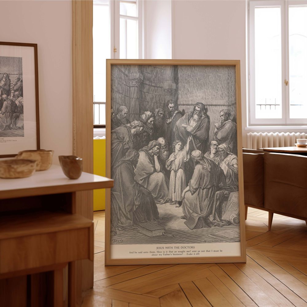 Gustave Dore's engraving of young Jesus in the temple rendered as canvas wall art shows the Lord's early understanding of scripture, a moving visual story of his divine calling, making it ideal for Christian study areas or spiritual sanctuaries.