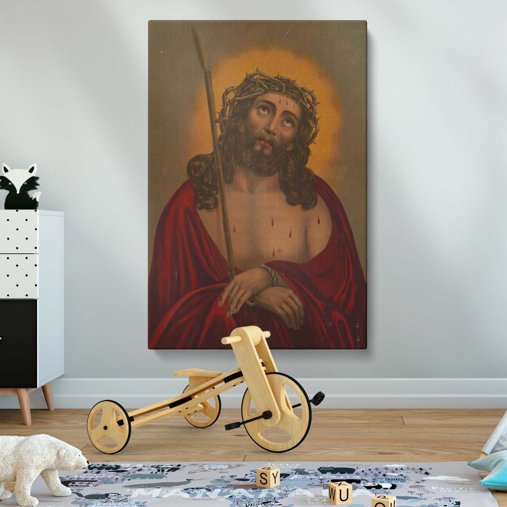 Vintage Jesus Christ framed canvas wall art featuring Christ with a glowing halo, crown of thorns, and red robe, a powerful religious artwork for Christian home decor, church offices, or sacred spaces seeking faith-inspired wall prints.