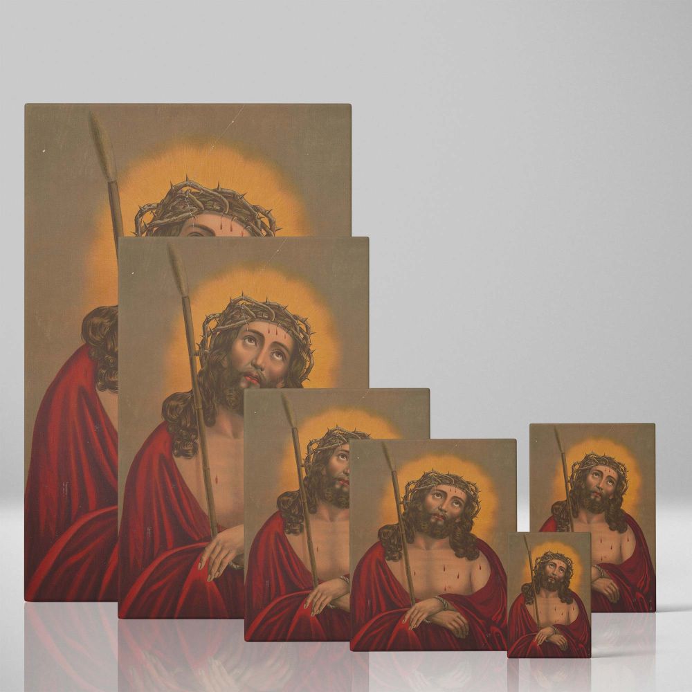 Catholic framed Jesus Christ canvas print featuring the Passion of Christ with crown of thorns, an elegant religious wall art piece perfect for Christian home decor, spiritual meditation spaces, and church or chapel wall decorations.