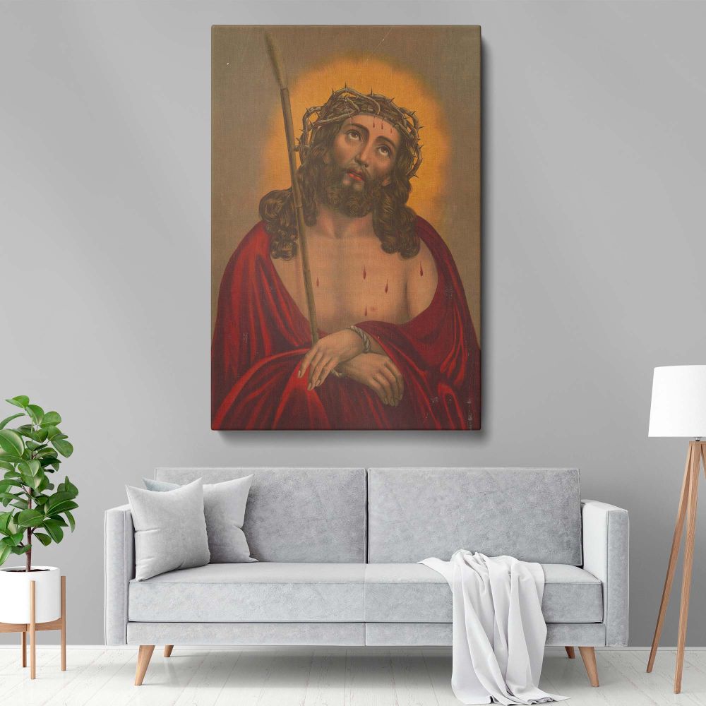 Jesus Christ framed religious canvas wall print, a vintage artwork depicting the suffering and sacrifice of Christ, ideal for faith-based interior decor, prayer rooms, church offices, and as a meaningful Christian gift for Easter or Christmas.