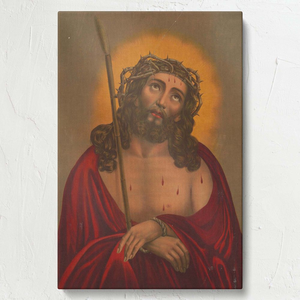 Passion of Christ framed religious canvas print featuring Jesus with a sorrowful expression and a crown of thorns, a meaningful artwork for meditation spaces, Christian home decor, and prayer room wall accents that inspire faith and reflection.