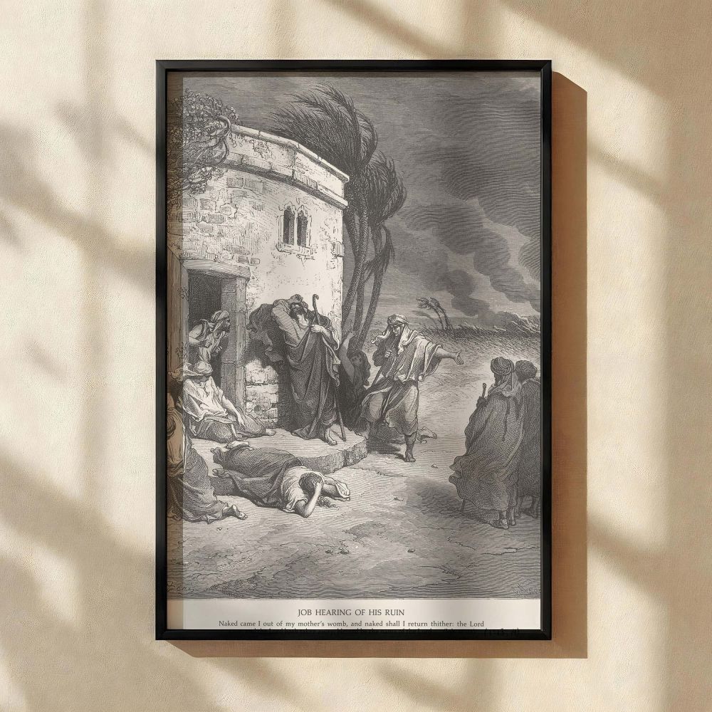 A high-resolution reproduction of Gustave Dore's emotional depiction of Job's suffering, this wall canvas presents Job collapsed on the ground as others deliver tragic news. The windswept trees and turbulent skies amplify the biblical drama, with the etch