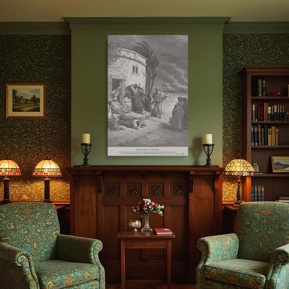 Featuring a dramatic depiction of grief and divine trial, this canvas wall art illustrates Job in despair from Gustave Dore's famous engraving. The darkened skies, bent trees, and solemn expressions of the figures reflect a narrative of loss and faith. Th