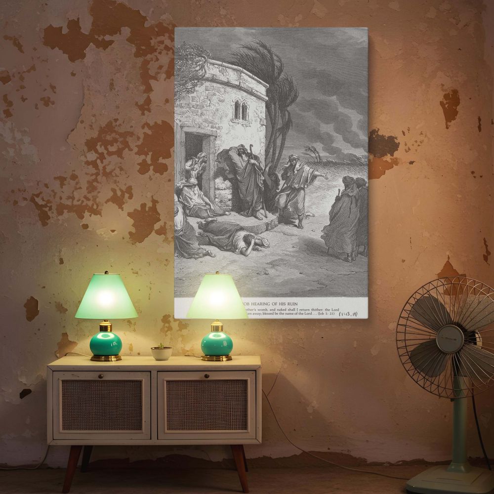 With meticulous line work and expressive detail, this wall canvas re-creates Gustave Dore's dramatic scene from the Book of Job. The composition focuses on Job's reaction as his world collapses around him-messengers relay disasters while winds howl throug
