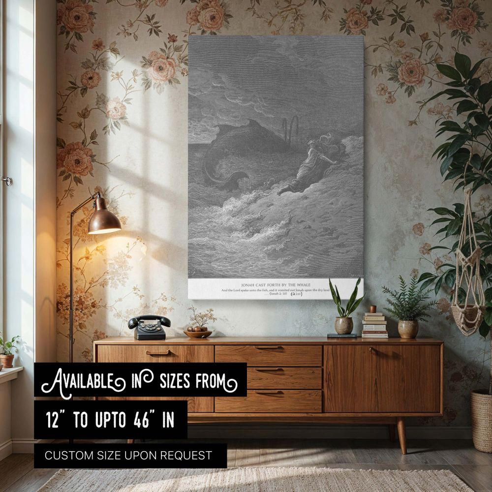 This wall canvas features Gustave Dore's dramatic illustration of Jonah being spewed forth by the whale, capturing the pivotal biblical scene with swirling ocean waves, a massive sea creature, and storm-darkened skies. The monochrome etching conveys inten
