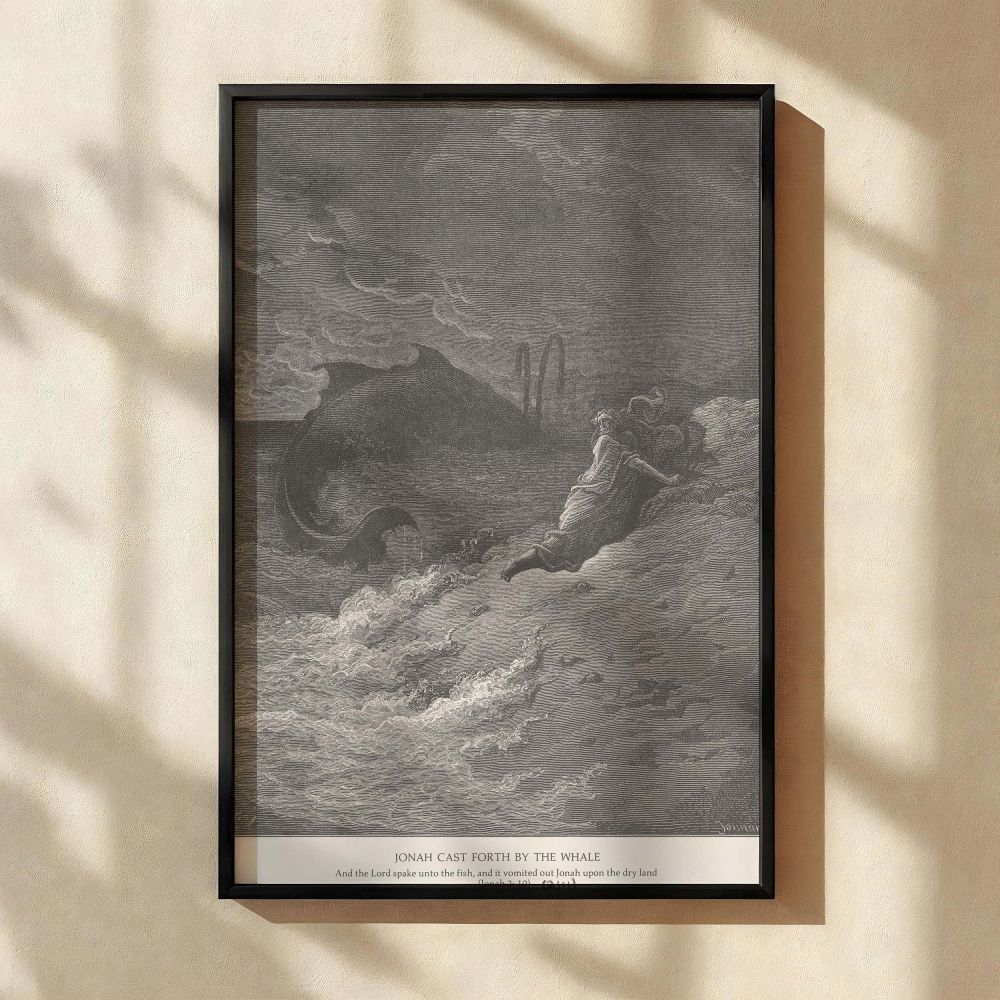 A stunning canvas print of Gustave Dore's engraving, showing Jonah emerging from the whale's mouth amidst crashing waves. The monochrome palette enhances the emotional drama and stormy tension of the scene. Jonah appears exhausted and grateful on the rugg